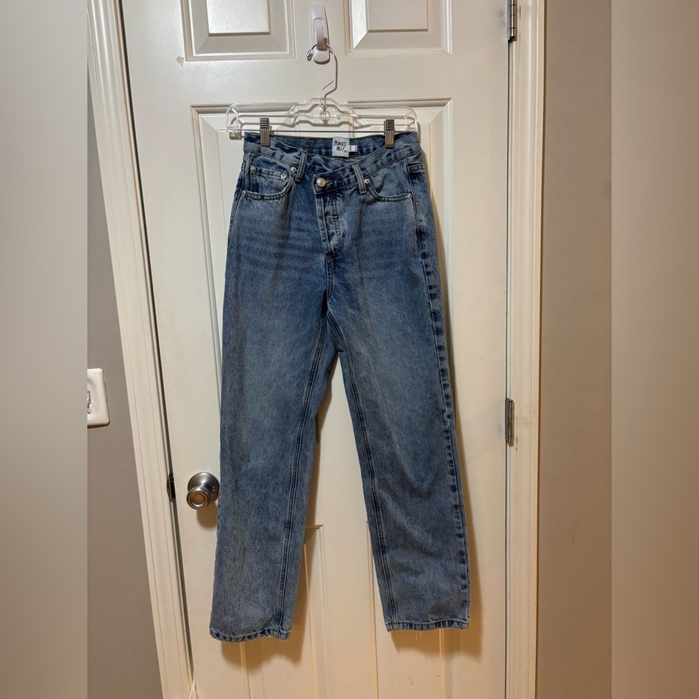 Princess Polly Holly Asymmetric Straight Leg Jeans Size 8
